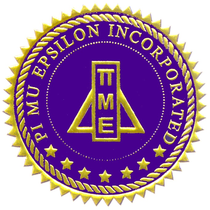 A purple disk with a gold design of the pin in center, and the words “Pi Mu Epsilon, Incorporated” around the edge with gold trim.